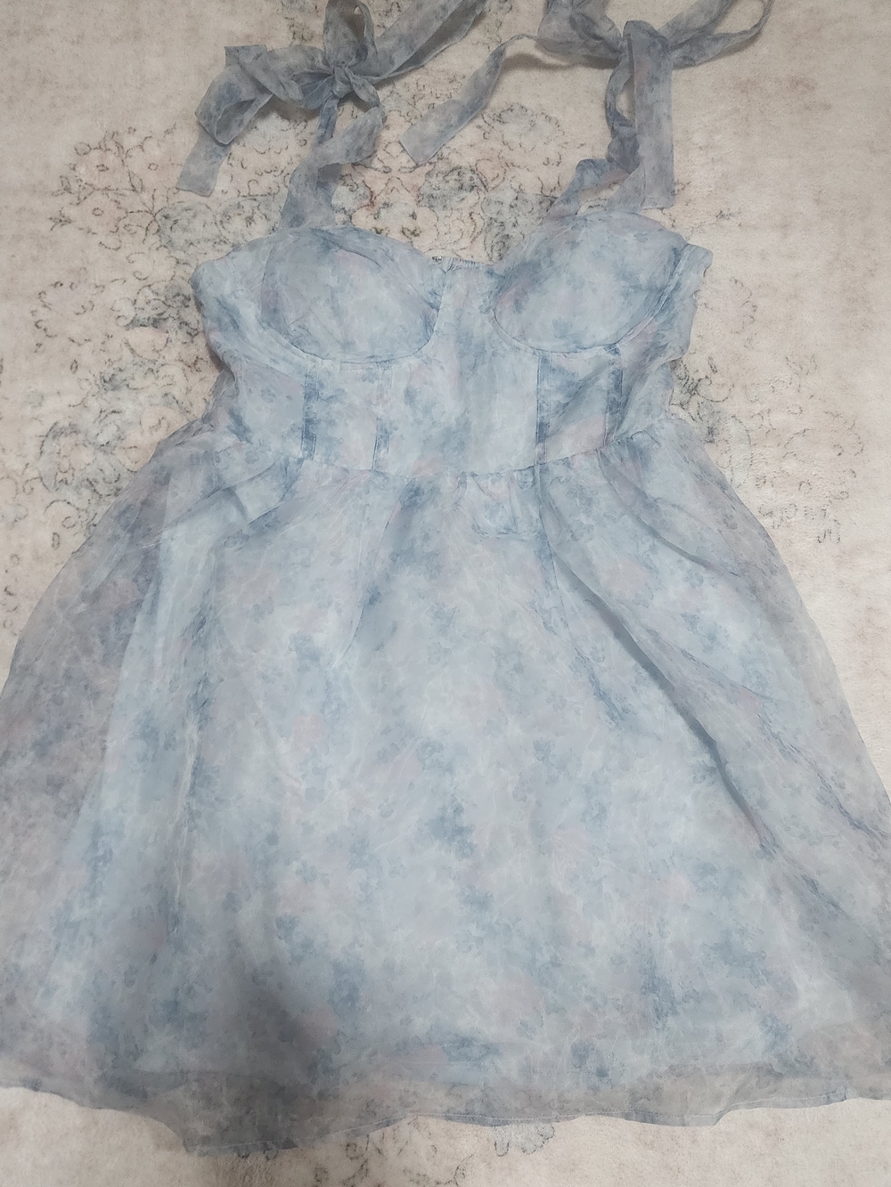 Francesca's Collections Jackie Corset Blue & Pale Pink Floral Tie-Shoulder Dress - Picture 3 of 4